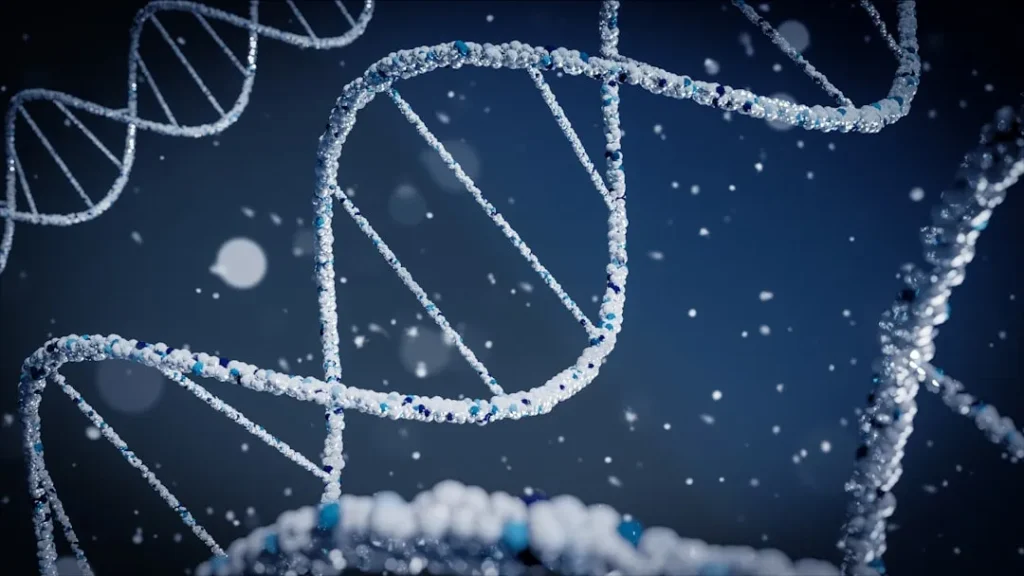 A cinematic, stylized 3D visualization of multiple DNA double helix strands floating in a dark blue space