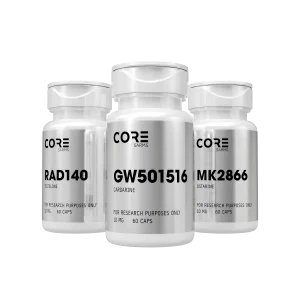 Core Sarms Triple Stack featuring RAD140 Testolone, GW501516 Cardarine, and MK2866 Ostarine bottles