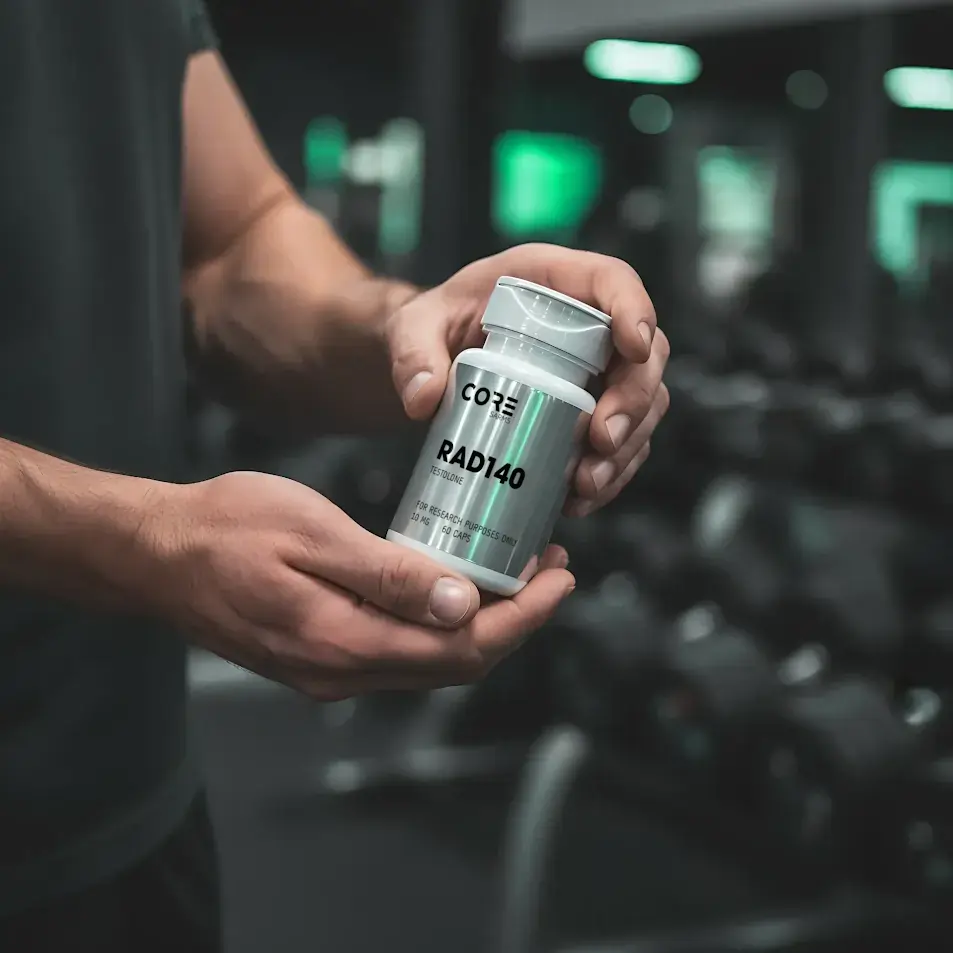 Close-up of hands holding a bottle of CORE SARMS RAD140 Testolone
