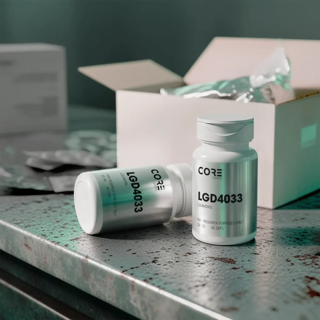 CORE SARMS LGD4033 supplement bottle placed on a workbench, with packaging in the background